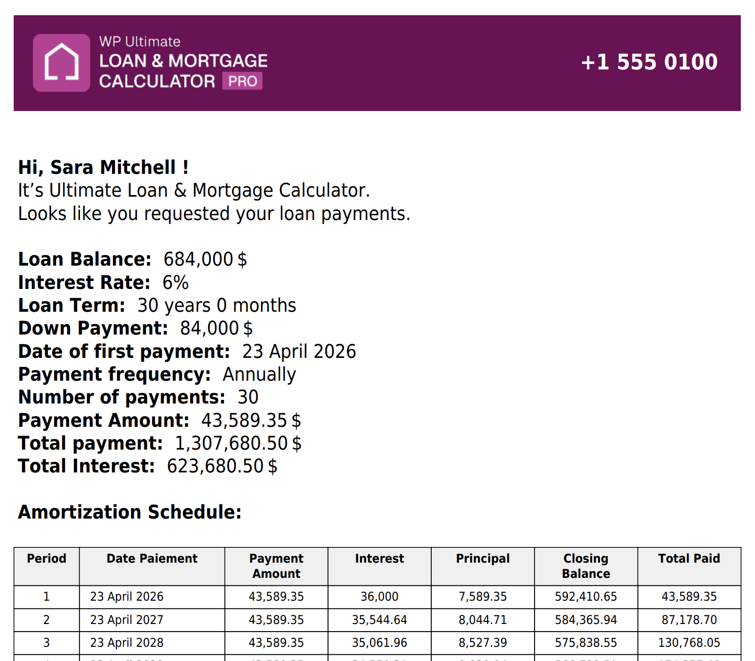 Branded mortgage calculation PDF with logo, header and footer